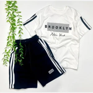 ست تیشرت شلوارک اسپرت دخترانه و پسرانه طرح brooklyn پنبه دورس ترک - بلو قسط | خرید اقساطی و آنلاین